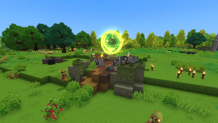 A glowing green Breach portal above a goblin camp in a grassy clearing.